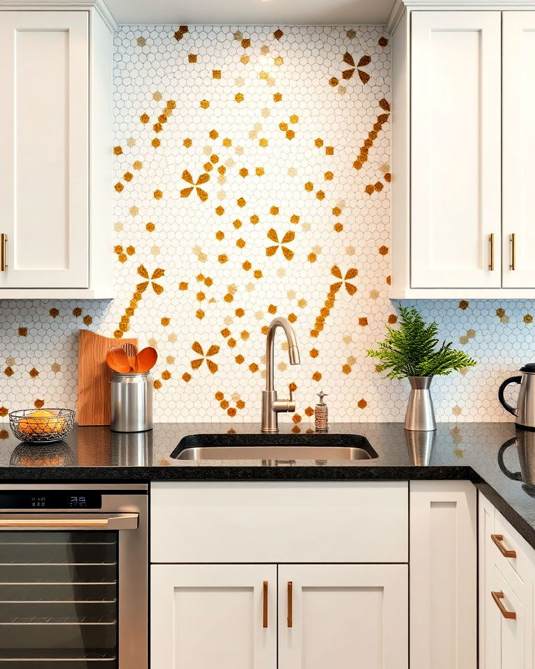 white and gold mosaic tiles kitchen backsplash