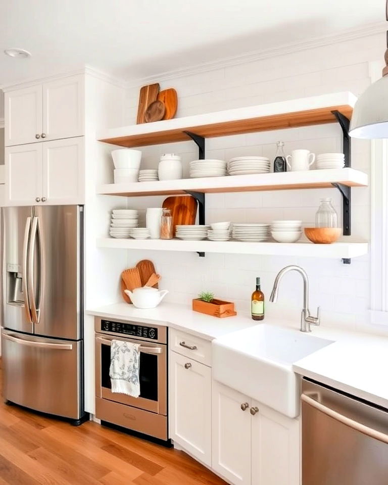 white and wood open shelving