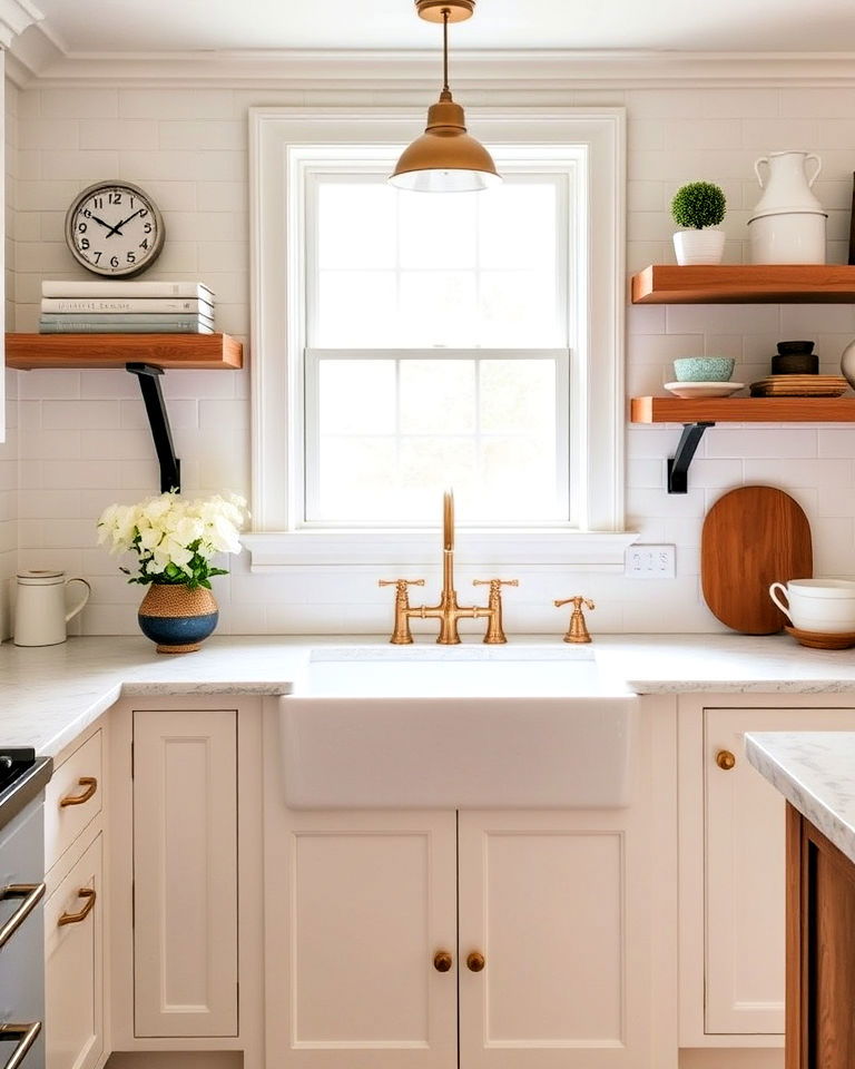 white apron front sink with brass fixtures