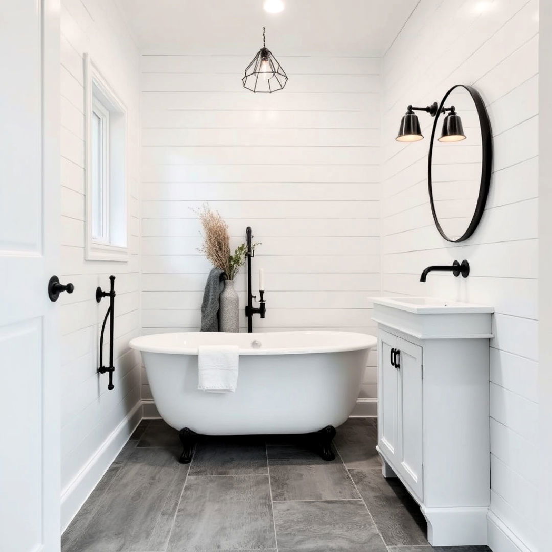 white bathroom shiplap walls with grey flooring