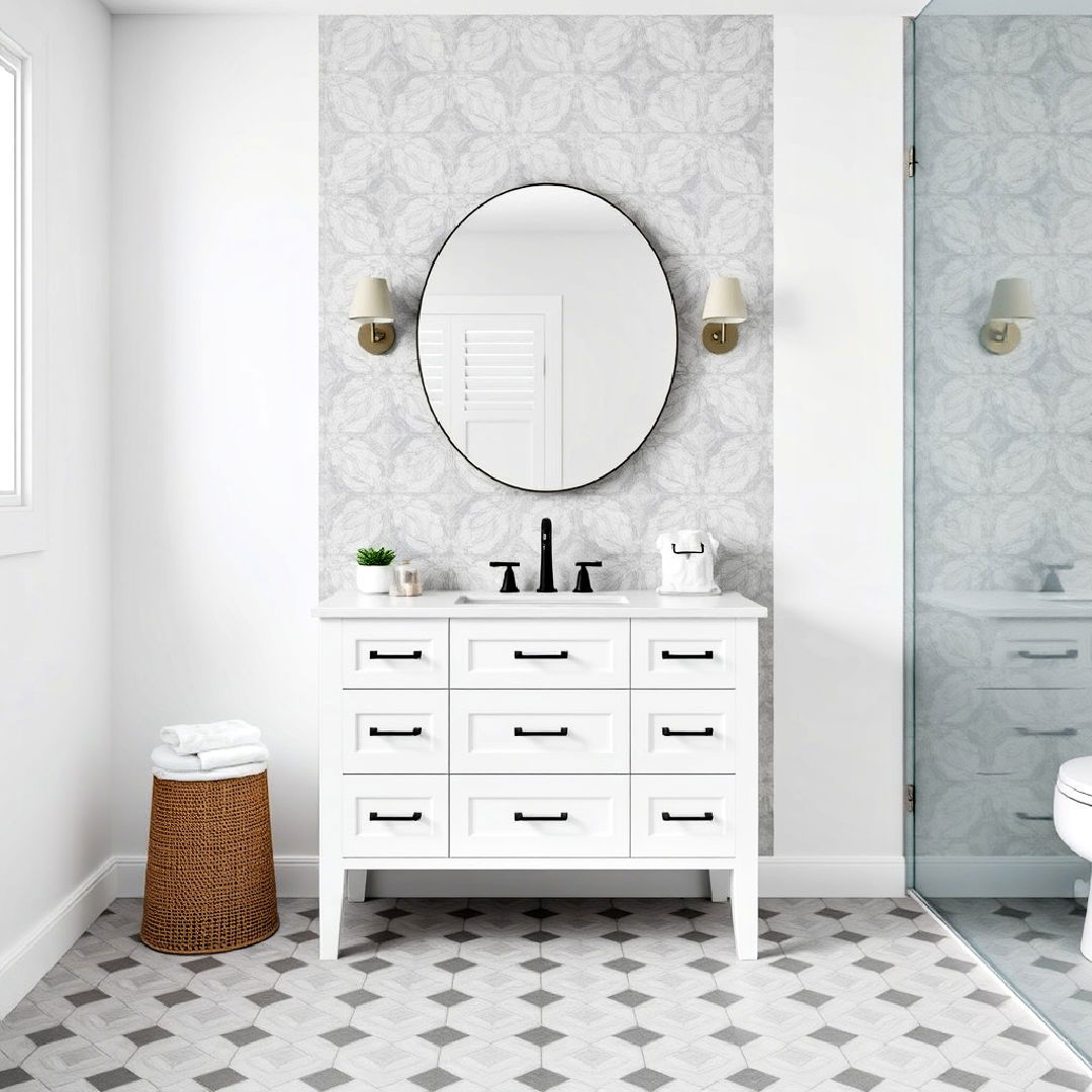 white bathroom vanity with grey backsplash