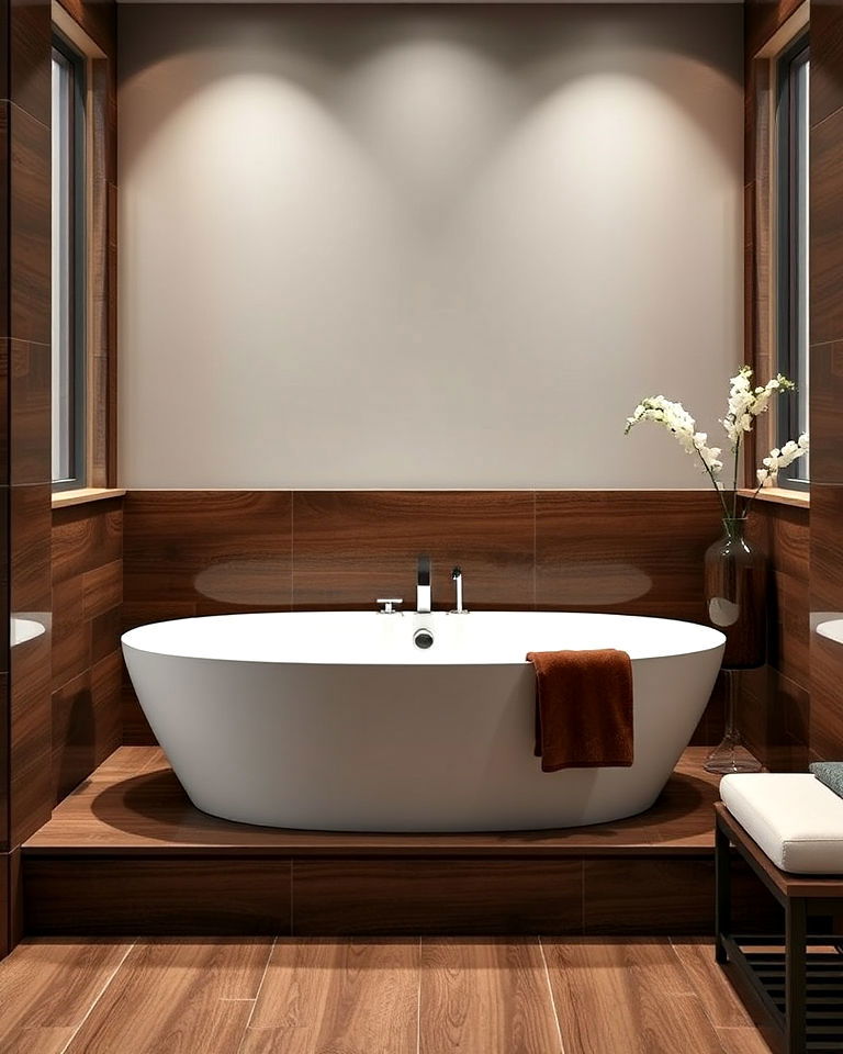 white bathtub with dramatic brown surround