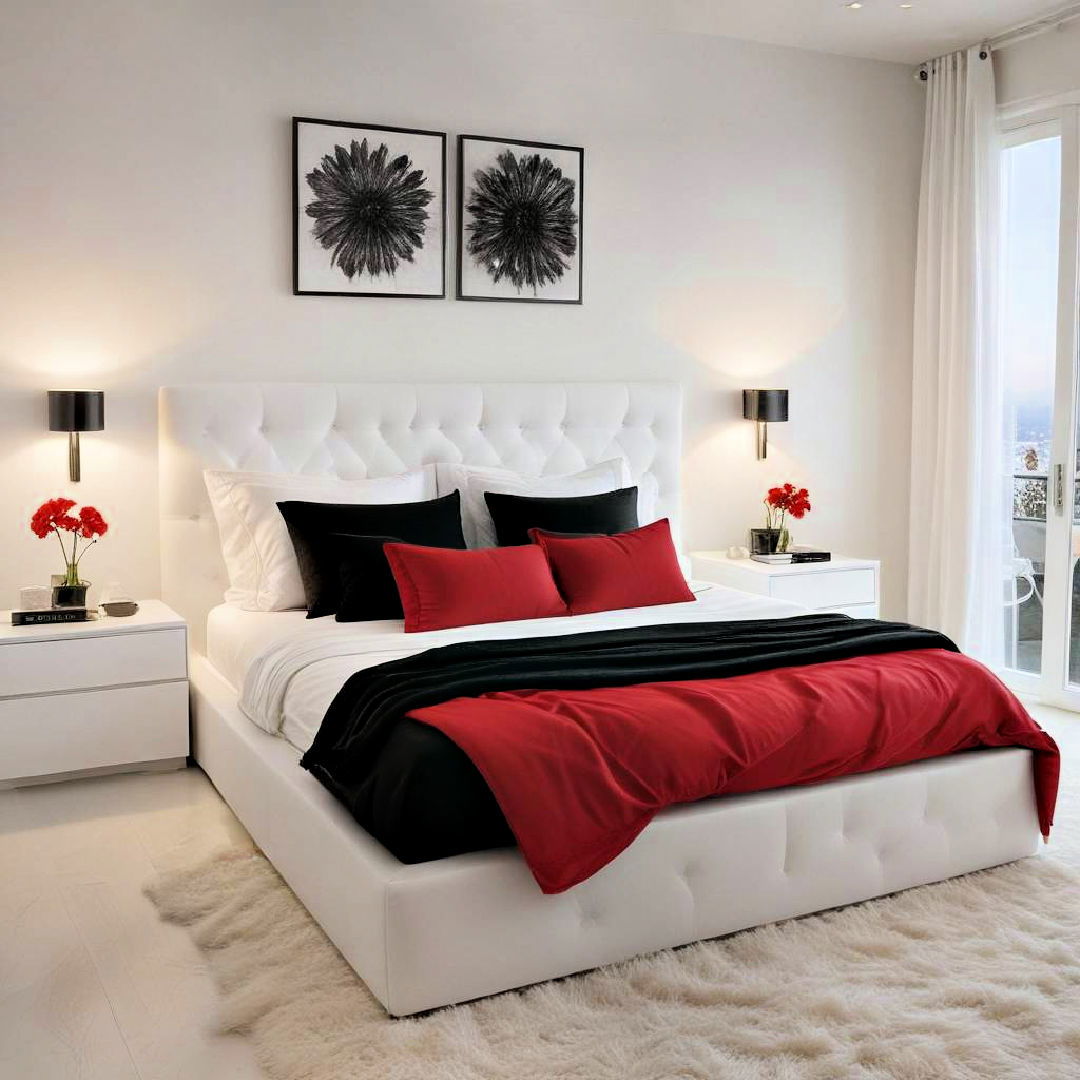 white bed with stylish black and red pillows