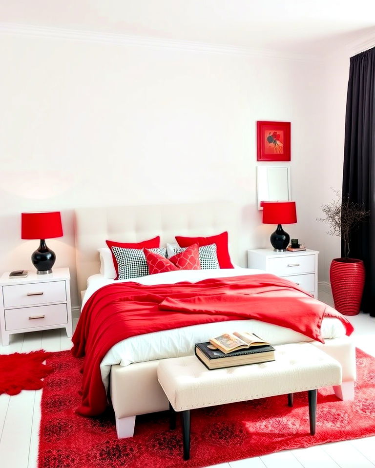 white bedroom furniture with red and black accessories