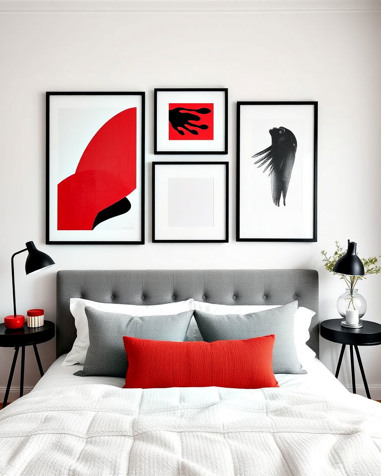 white bedroom walls with red and black art pieces