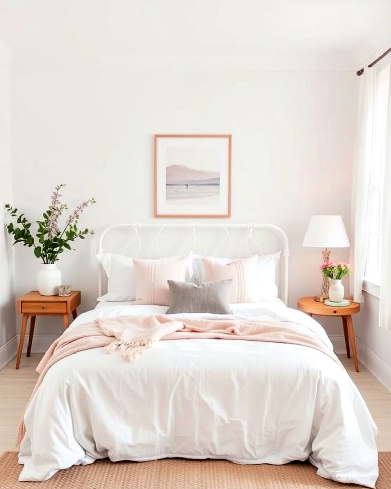 white bedroom with a soft pop of color