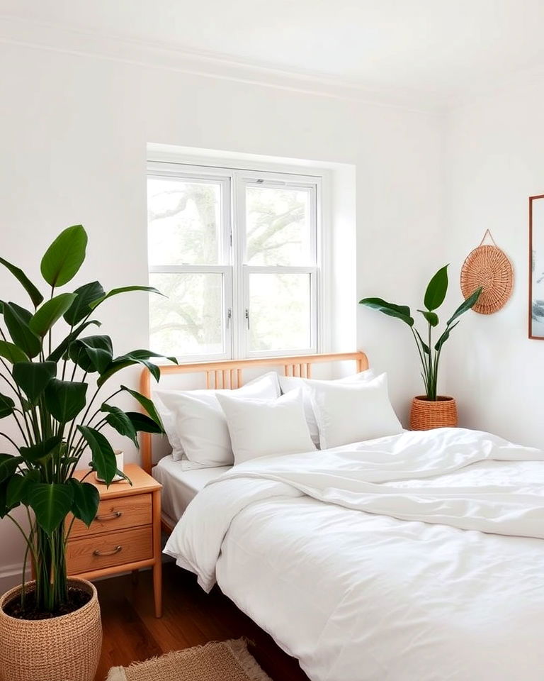 white bedroom with wood and plant decor