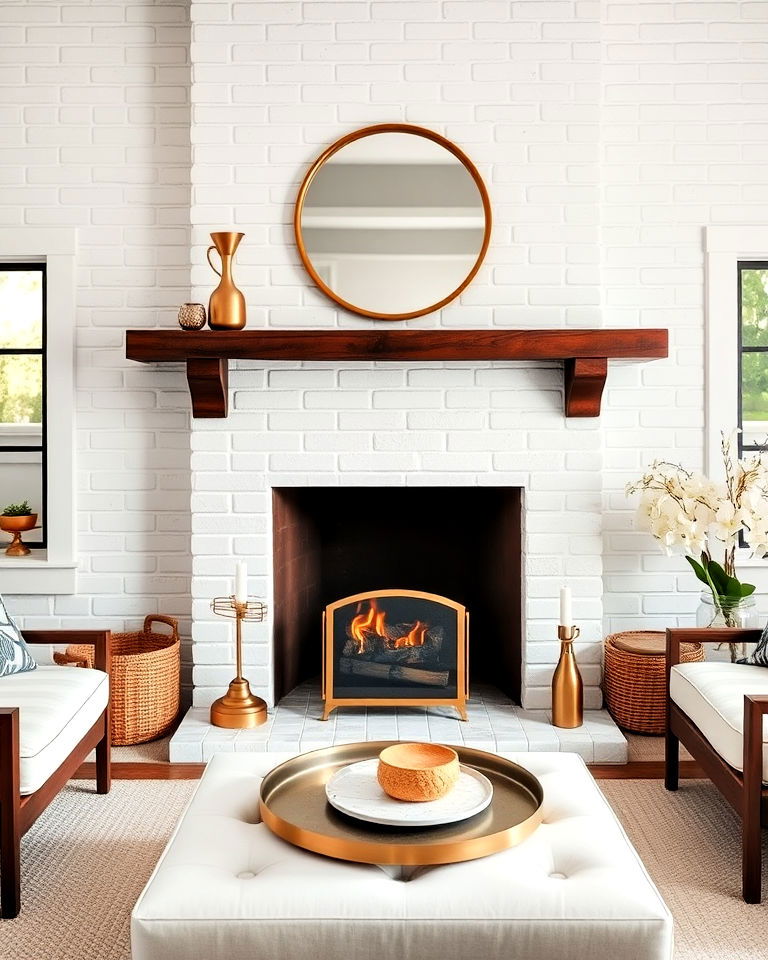 white brick fireplace with brass accents