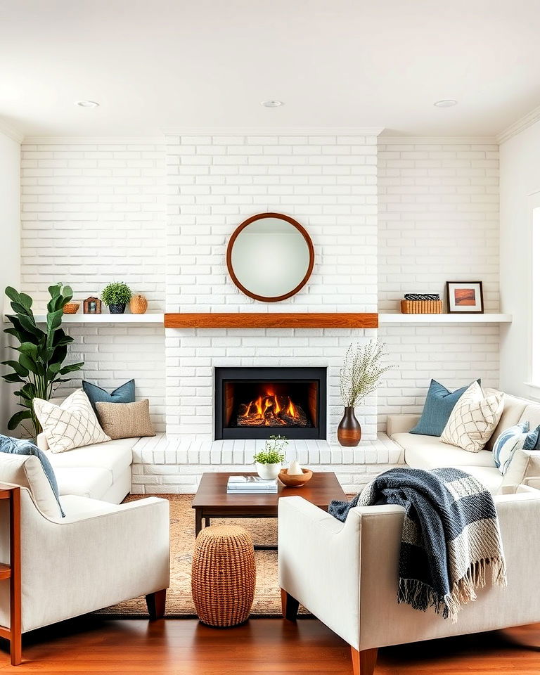 white brick fireplace with built in seating