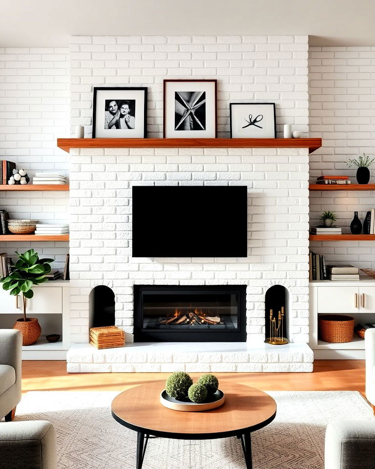 white brick fireplace with built in shelving