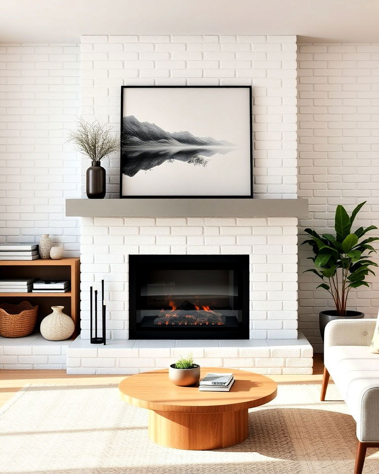 white brick fireplace with concrete mantel