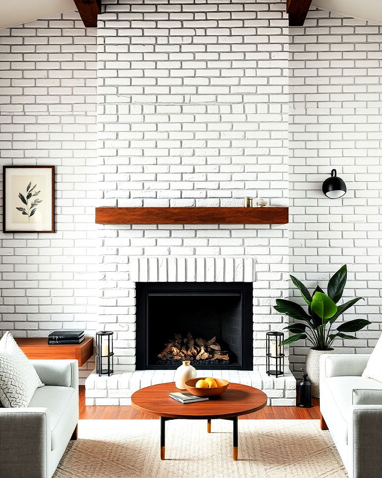 white brick fireplace with dark grout