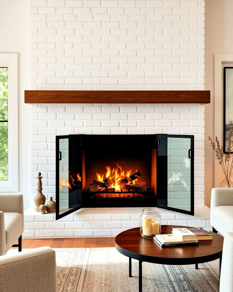 white brick fireplace with glass doors