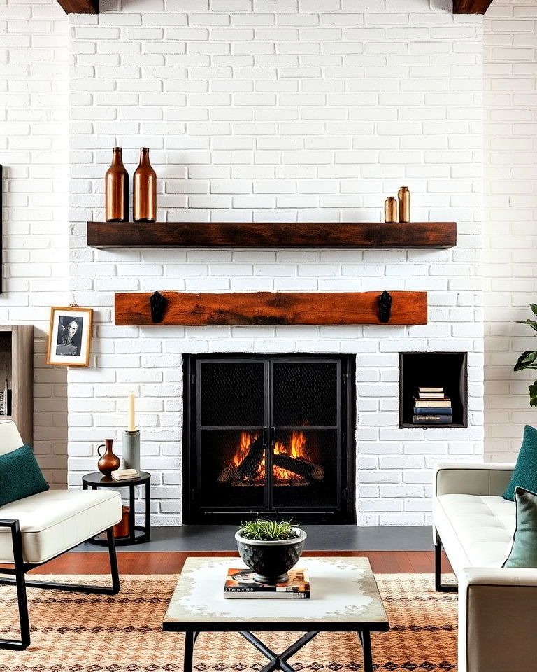 white brick fireplace with industrial metal accents