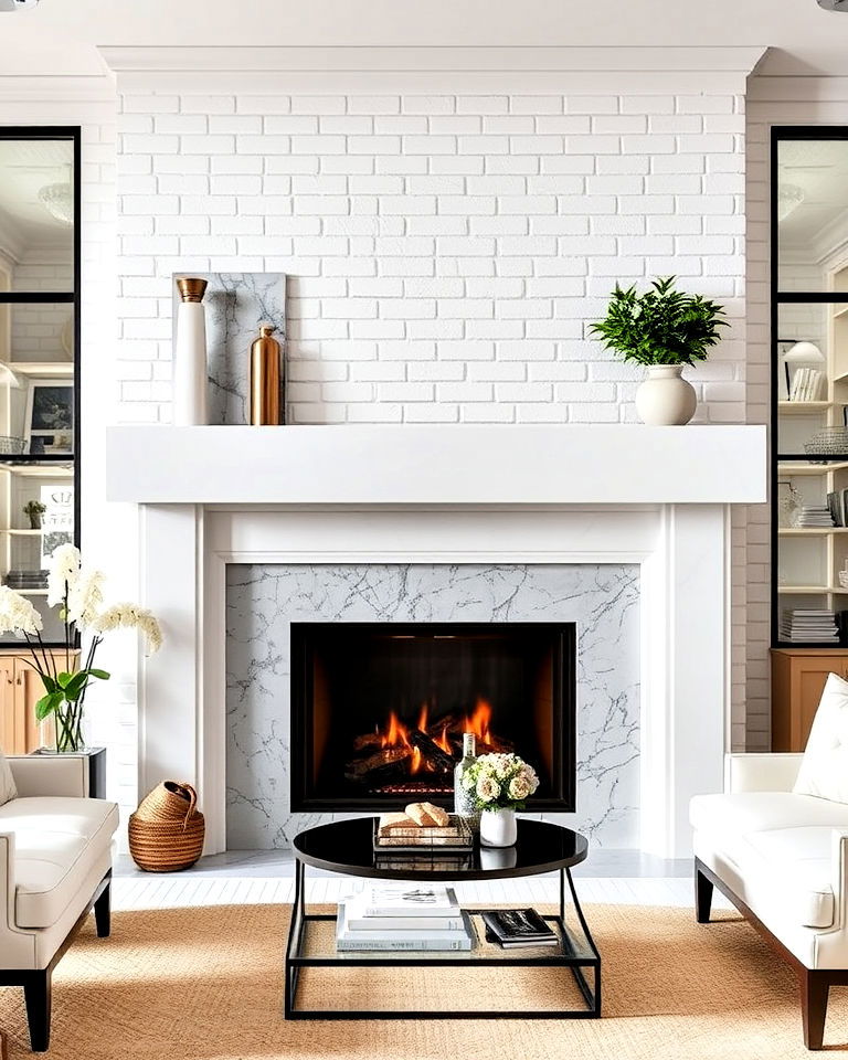 white brick fireplace with marble surround