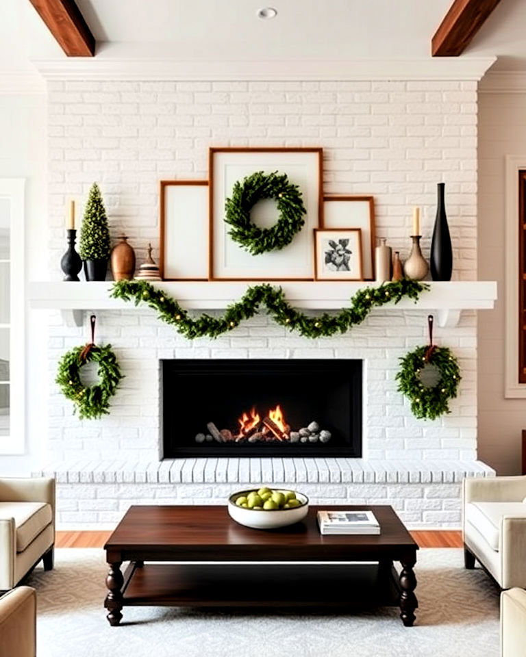 white brick fireplace with oversized mantel