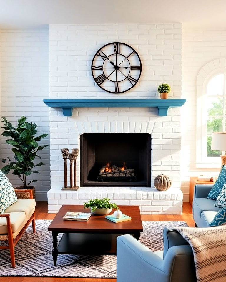 white brick fireplace with painted mantel