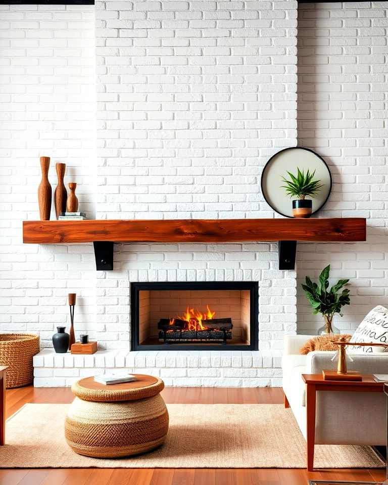 white brick fireplace with reclaimed wood mantel