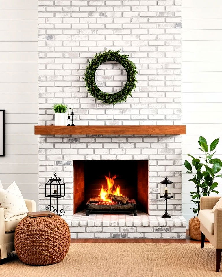 white brick fireplace with shiplap surround