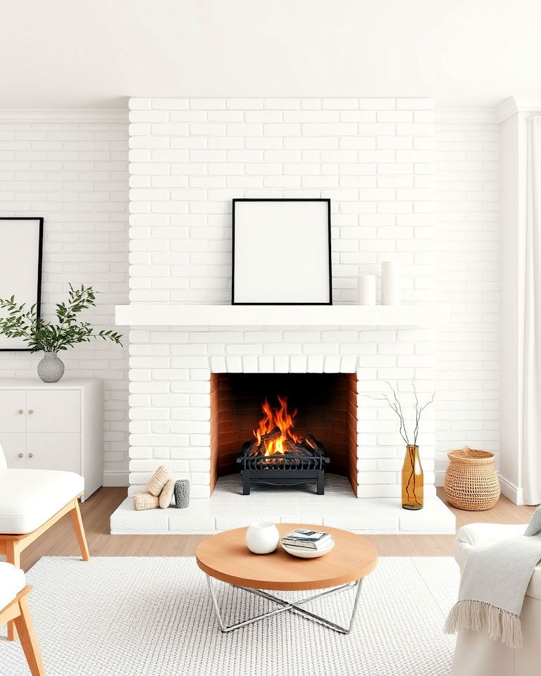 white brick fireplace with simple mantel