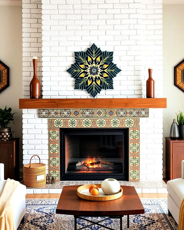 white brick fireplace with tile accents