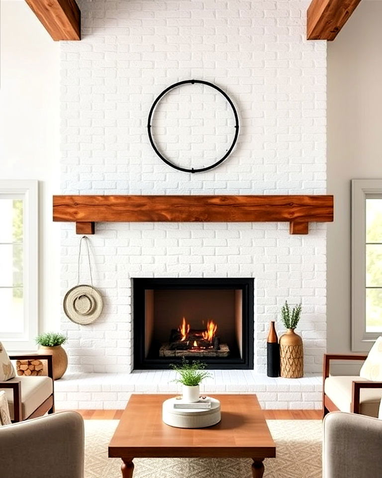 white brick fireplace with wooden beam mantel