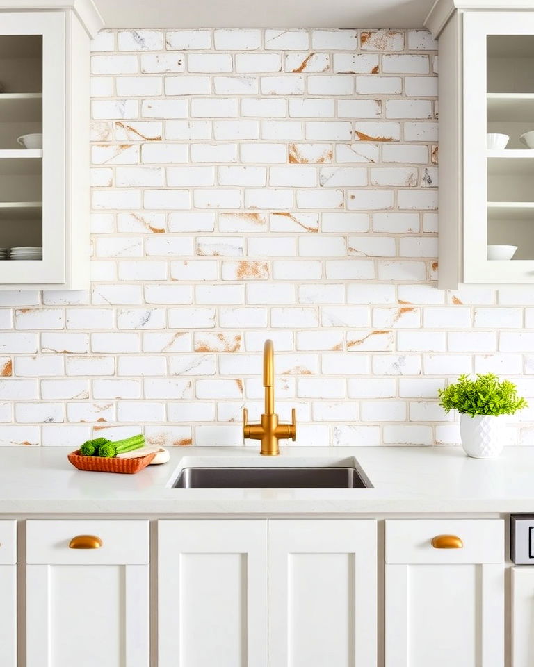 white brick with gold highlights backsplash