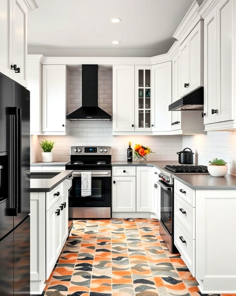 white cabinets with black appliances and gray accents