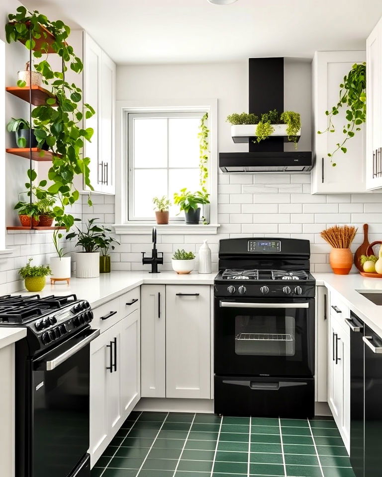 white cabinets with black appliances and greenery for kitchen