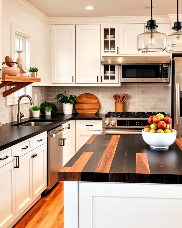 white cabinets with black butcher block countertop