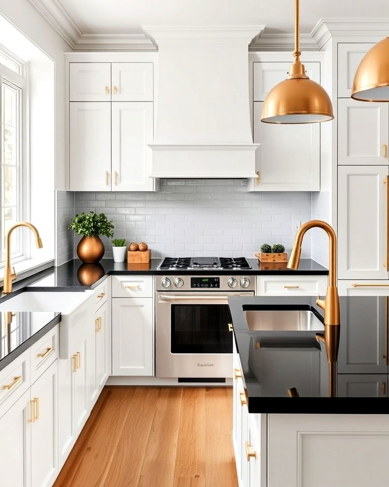 white cabinets with black countertops and gold fixtures