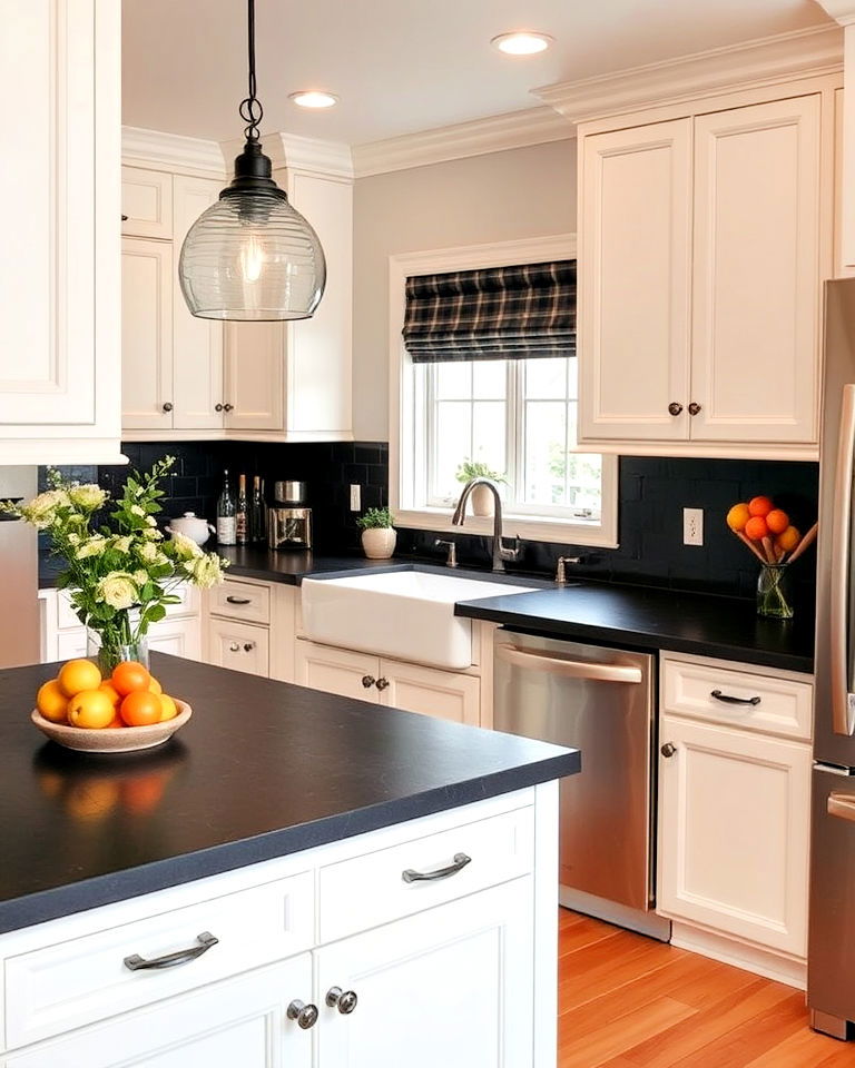 white cabinets with black soapstone countertop
