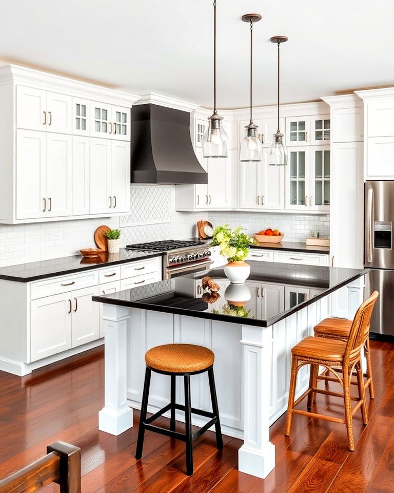 white cabinets with contrasting black island