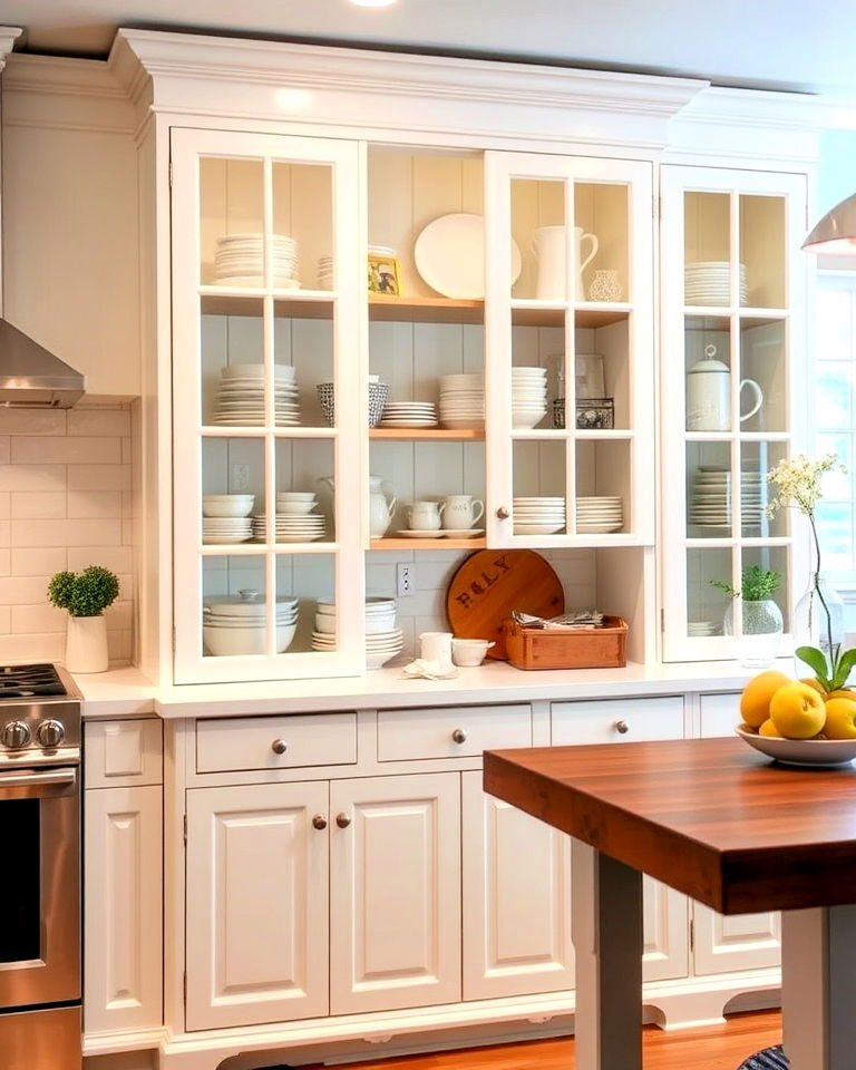 white cabinets with glass fronts