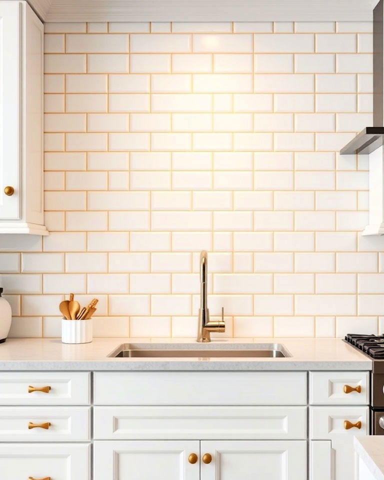 white ceramic tiles backsplash with gold border