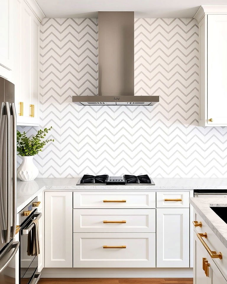 white chevron tiles backsplash with gold accents