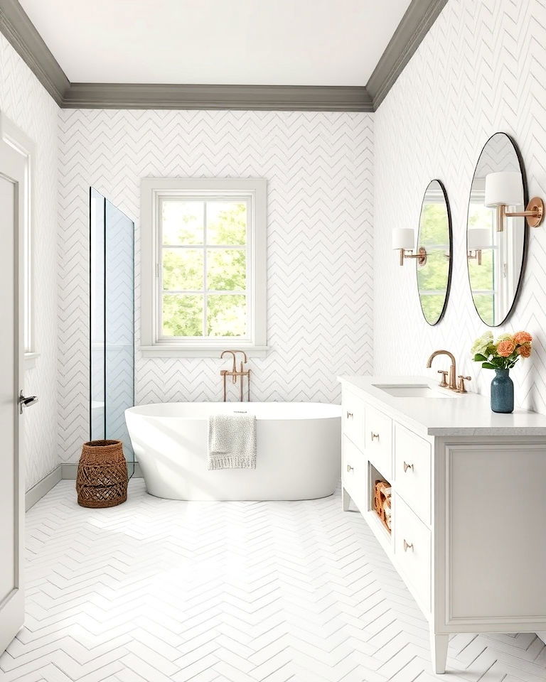 white chevron tiles for a dynamic look bathroom