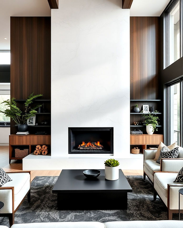 white concrete fireplace with black steel insert