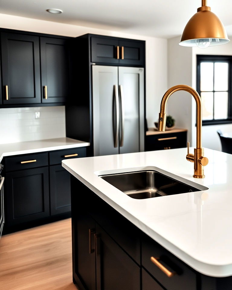 white countertops with black cabinets and gold faucet
