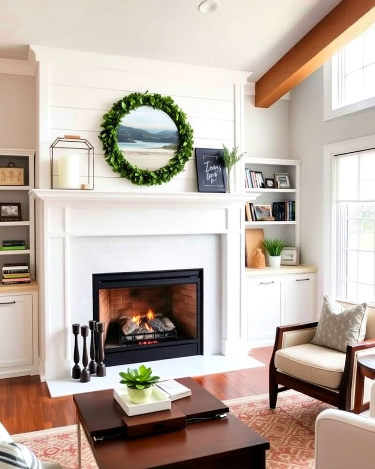 white craftsman fireplace with shiplap