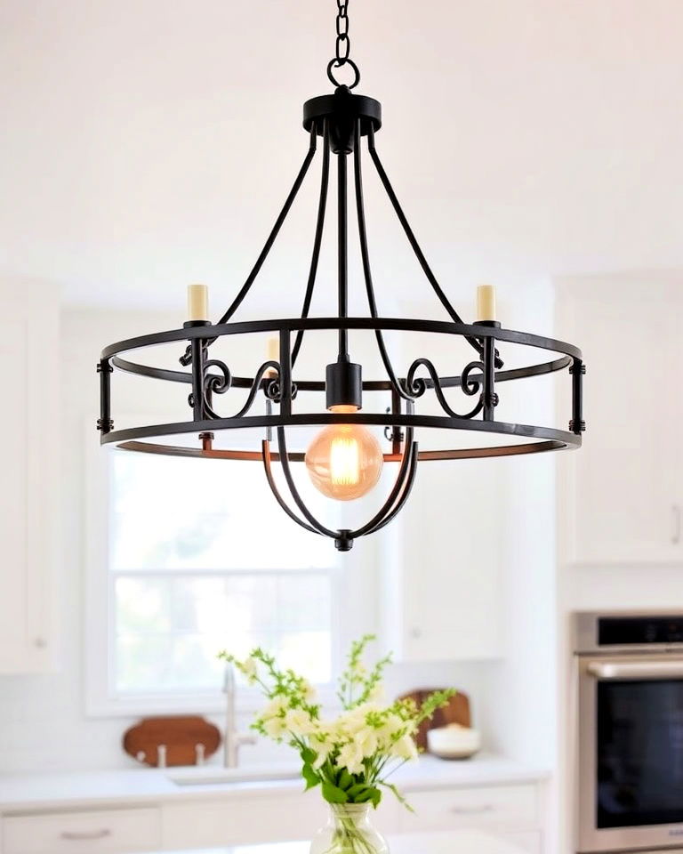 white farmhouse kitchen with rustic lighting