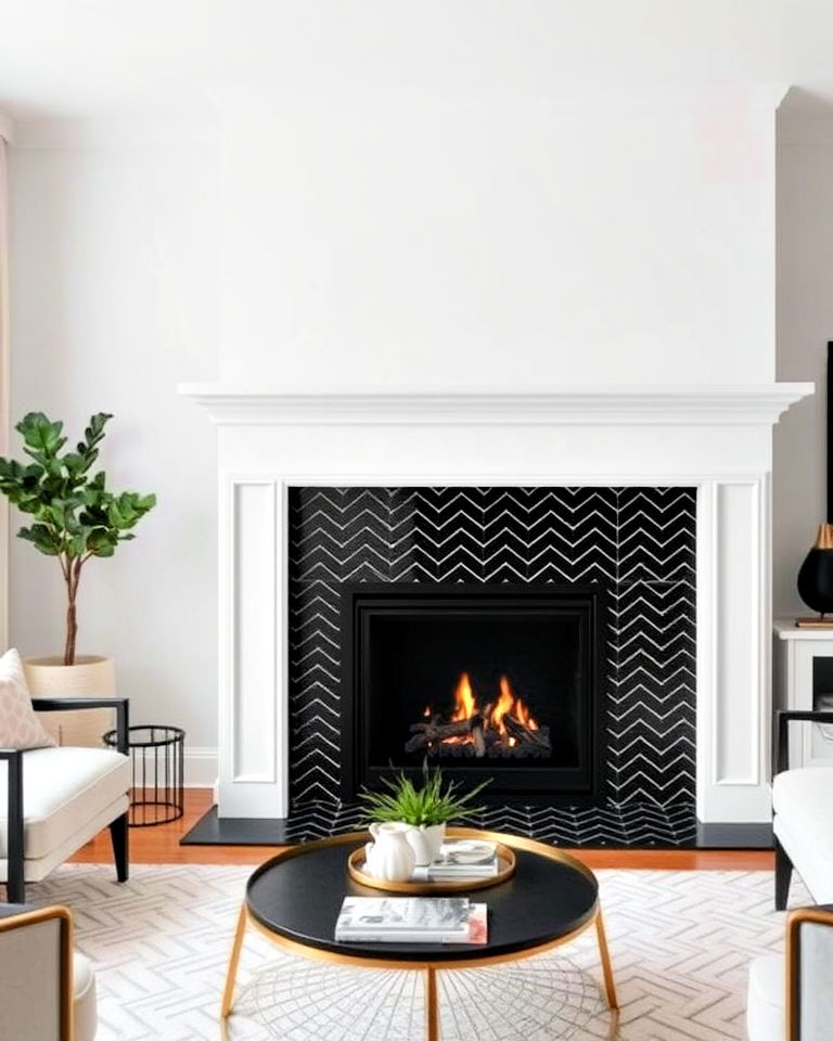 white fireplace with chic black herringbone tile