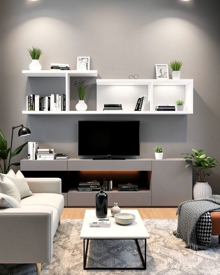 white floating shelves for your living room display