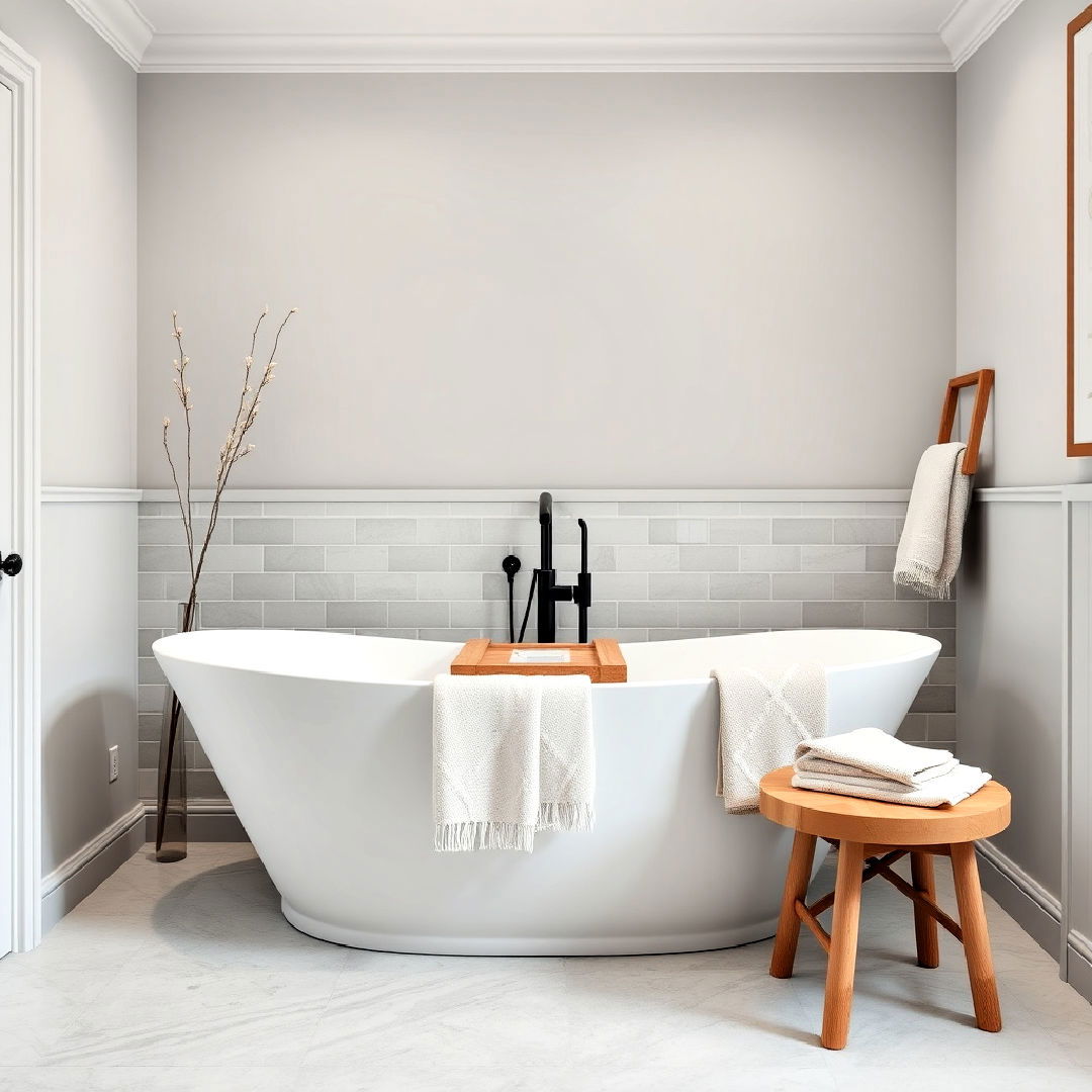 white freestanding tub with grey wall accents