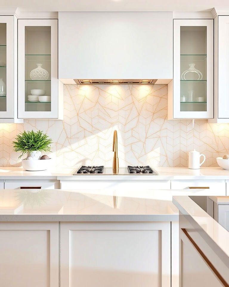 white glass backsplash with gold leaf inlay backsplash
