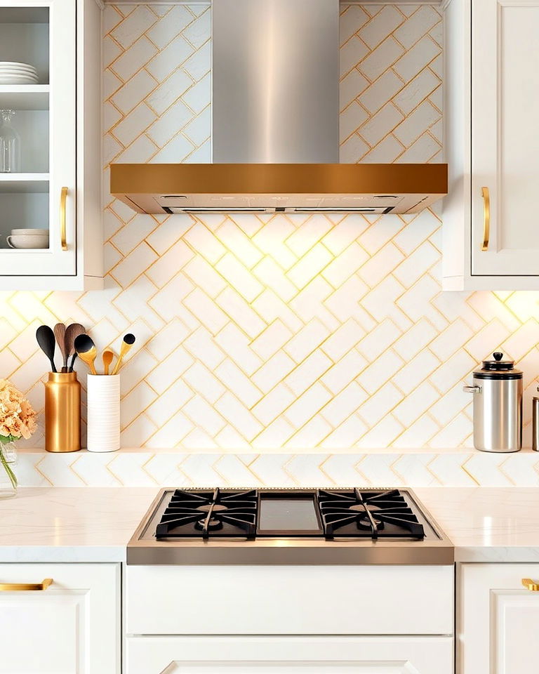 white herringbone pattern backsplash with gold grout