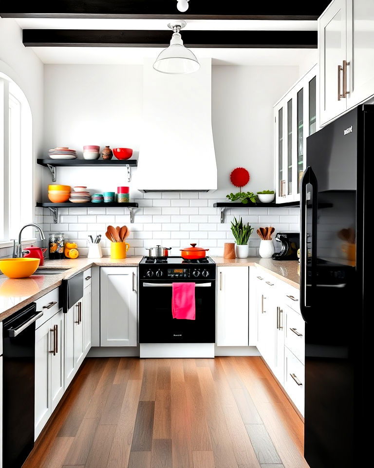 white kitchen cabinets black appliances and pops of color