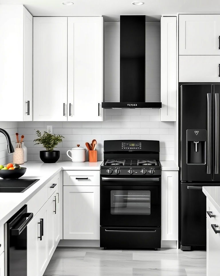 white kitchen cabinets with black appliances
