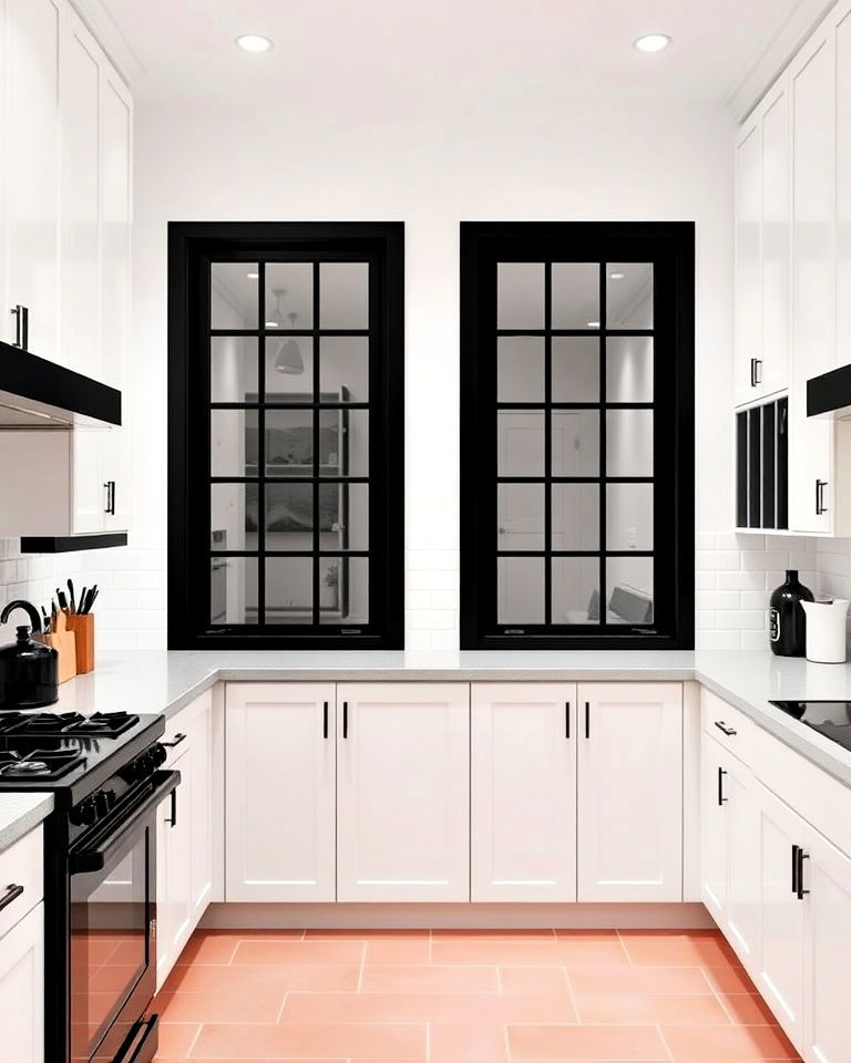 white kitchen cabinets with black framed windows