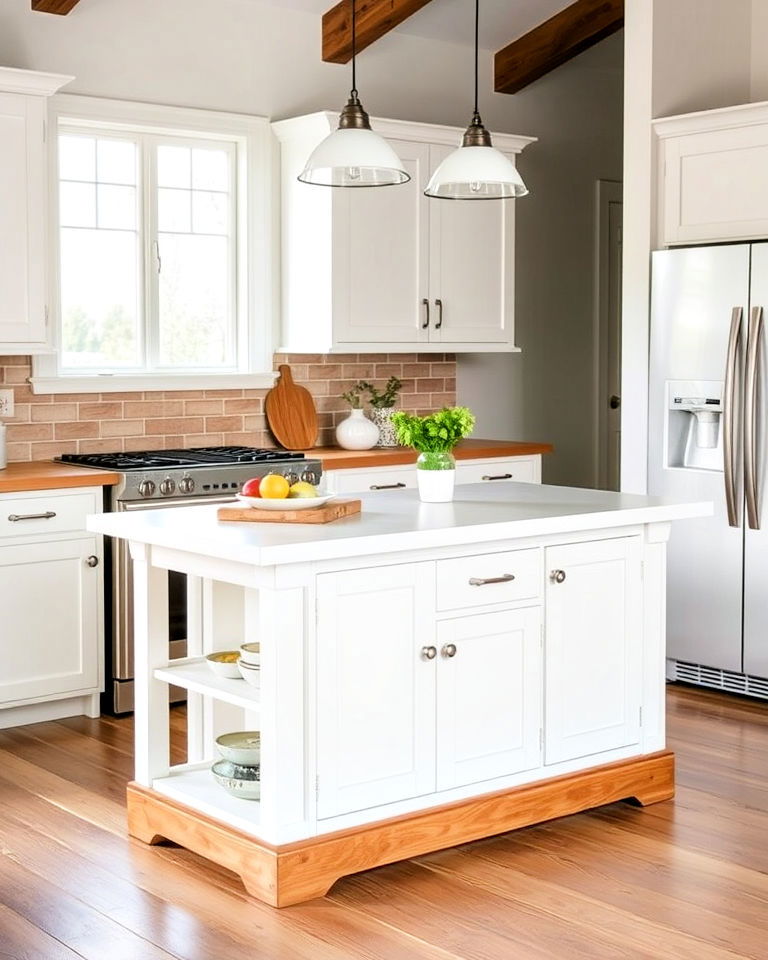 white kitchen island with wooden base